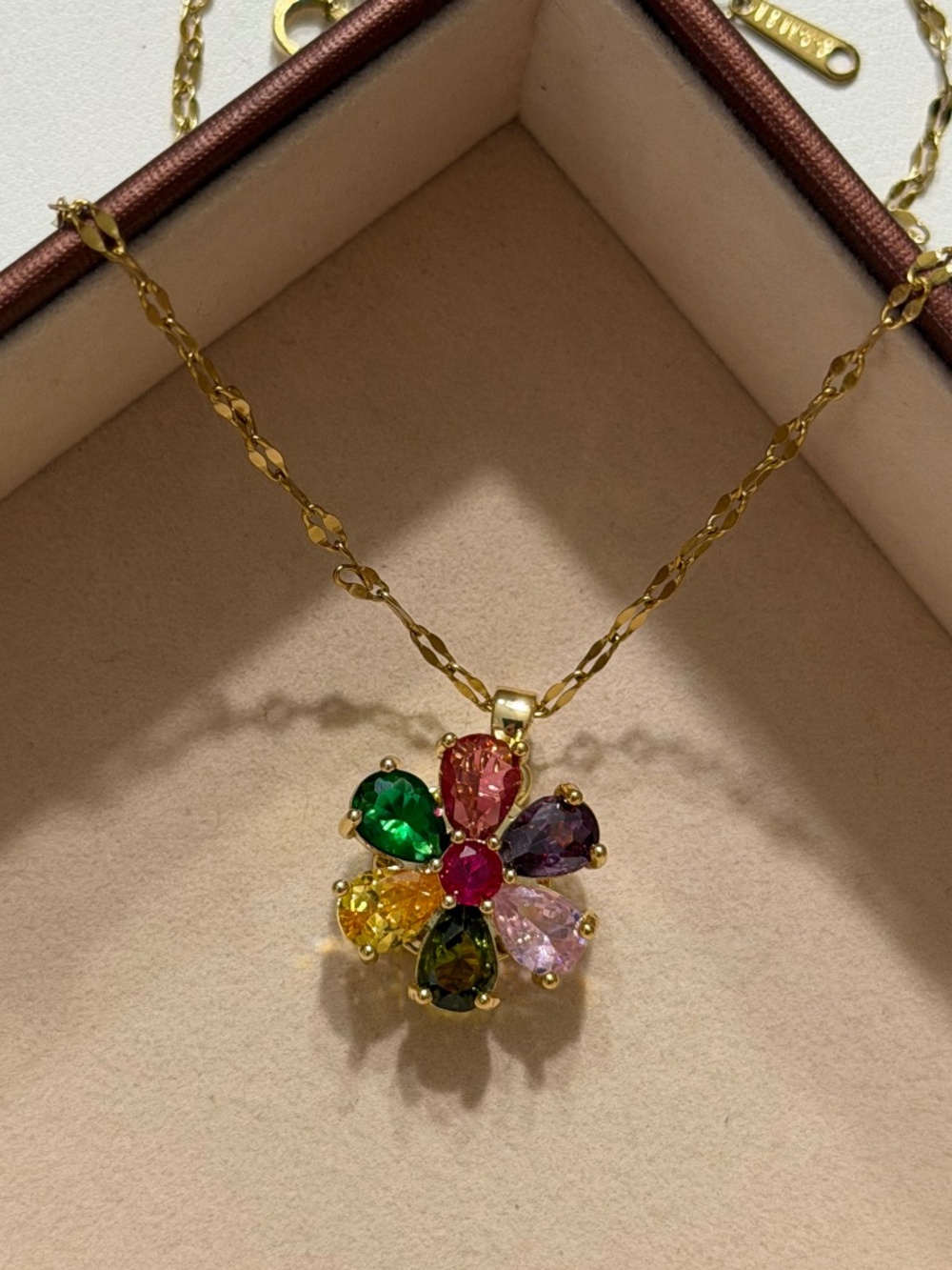 Rotatable Colorful Golden Flower Zirconia Pendant Stainless Steel Necklace
